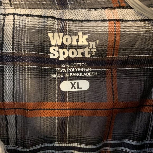 NWT Work 'N Sport XL Cotton Blend Grey and Orange Plaid Short Sleeve Shirt - Picture 5 of 6
